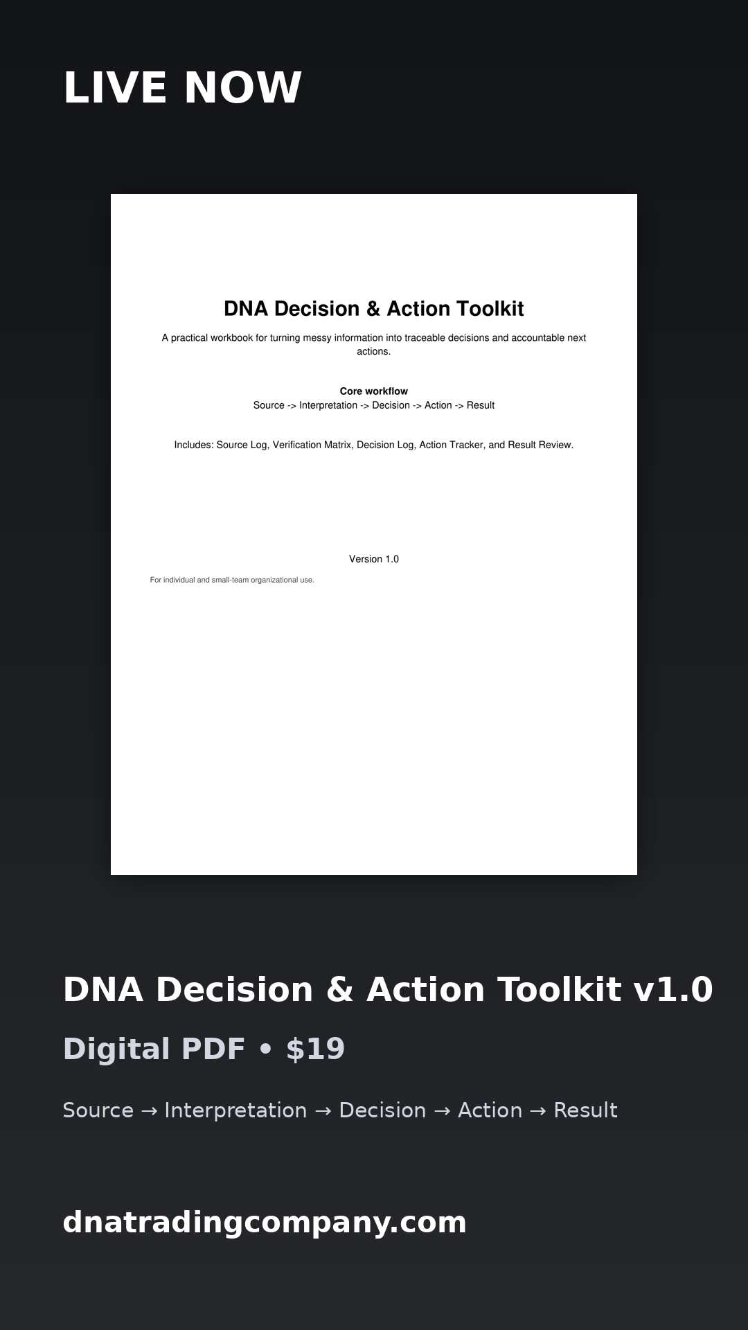 DNA Decision & Action Toolkit v1.0 live now, digital PDF, $19