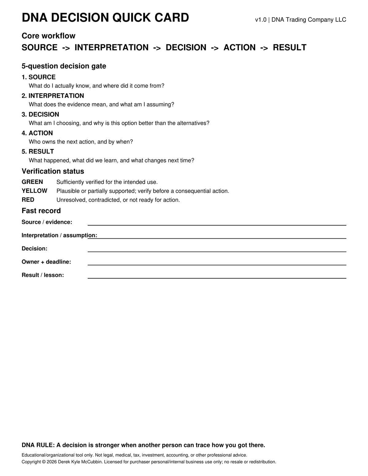 DNA Decision Quick Card v1.0