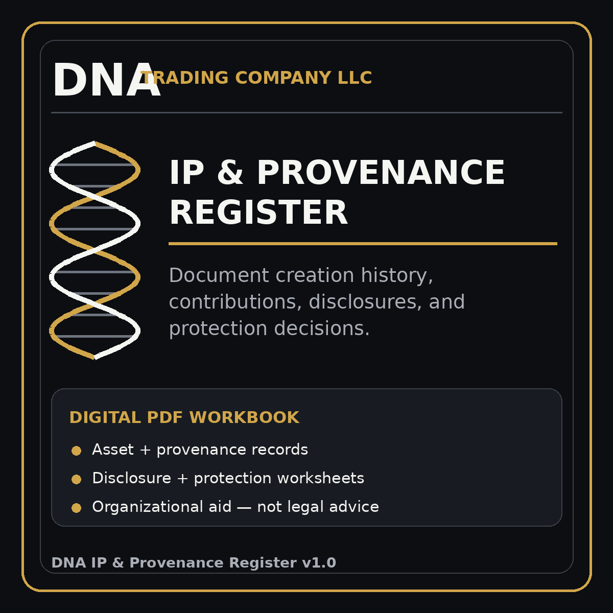 DNA IP and Provenance Register v1.0 digital workbook cover